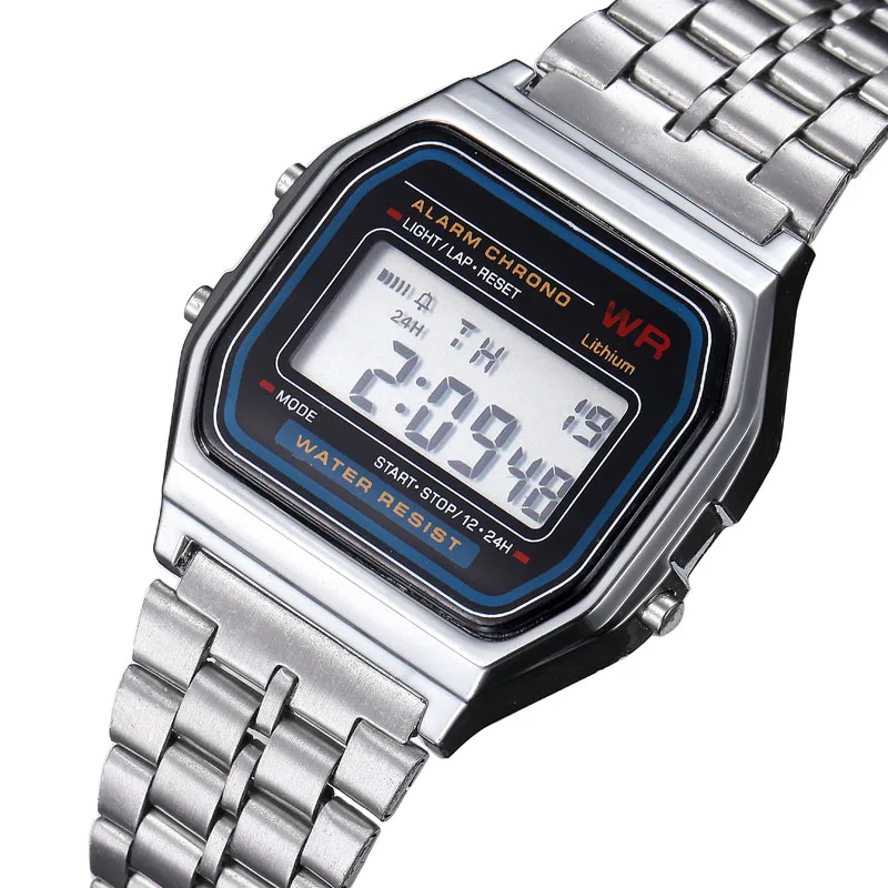 

2PCS Men's Stainless Steel Watch Simple LED Digital Display Fashion Sports Wrist Watch Gift watches men clock gold a60