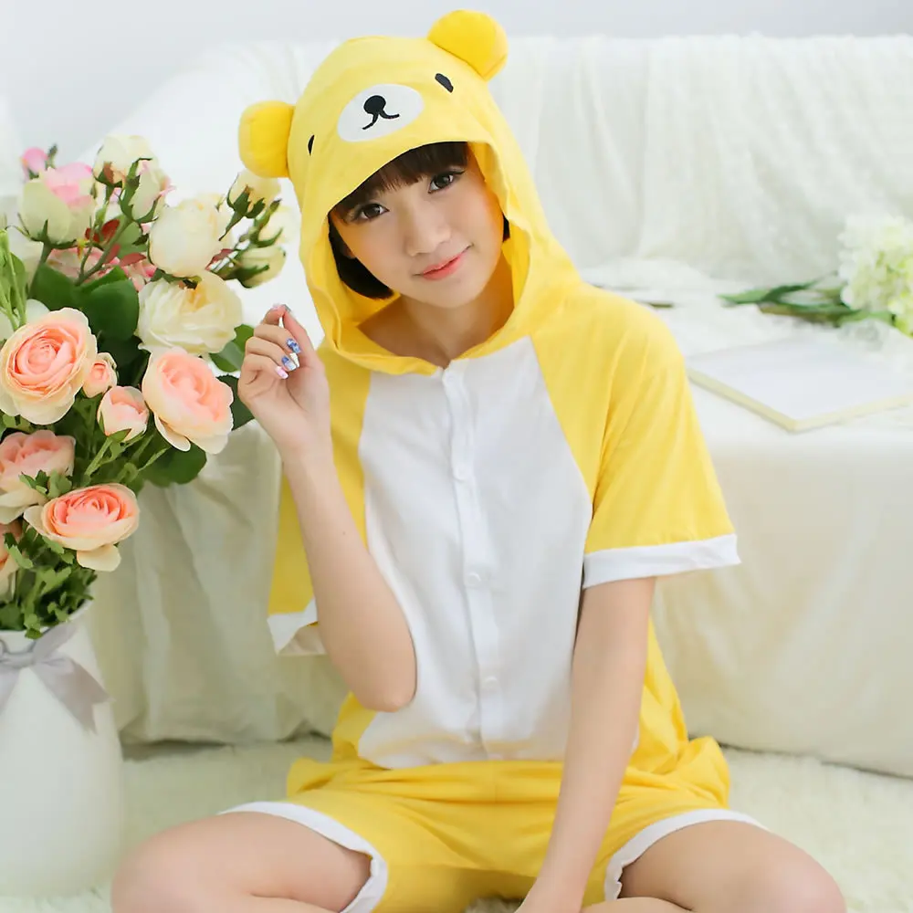 

Cotton Animal Family Matching Pajamas Outfits Summer Hooded Yellow Bear Pyjamas Onesie Mother Kids Sleepwear