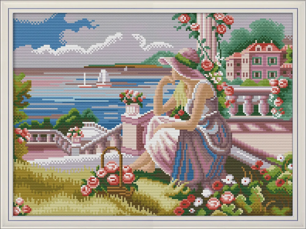 Девушка которая выглядит на море Набор для вышивки крестом aida 14ct 11ct печать холсте