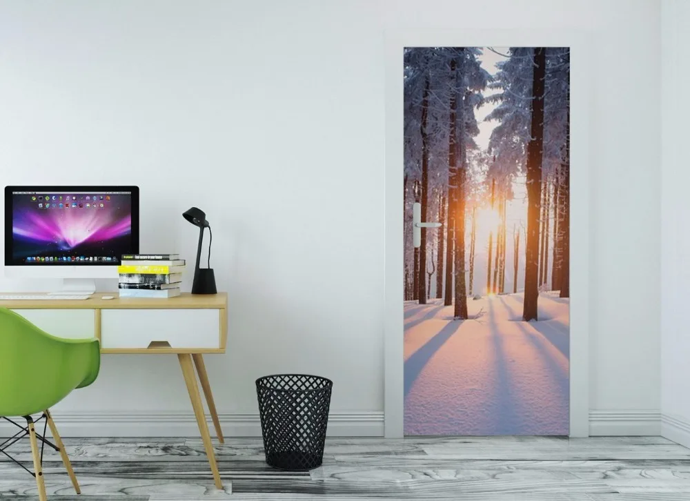 3D зима лес DIY двери Настенные обои фотообои печать на стену Наклейка деко