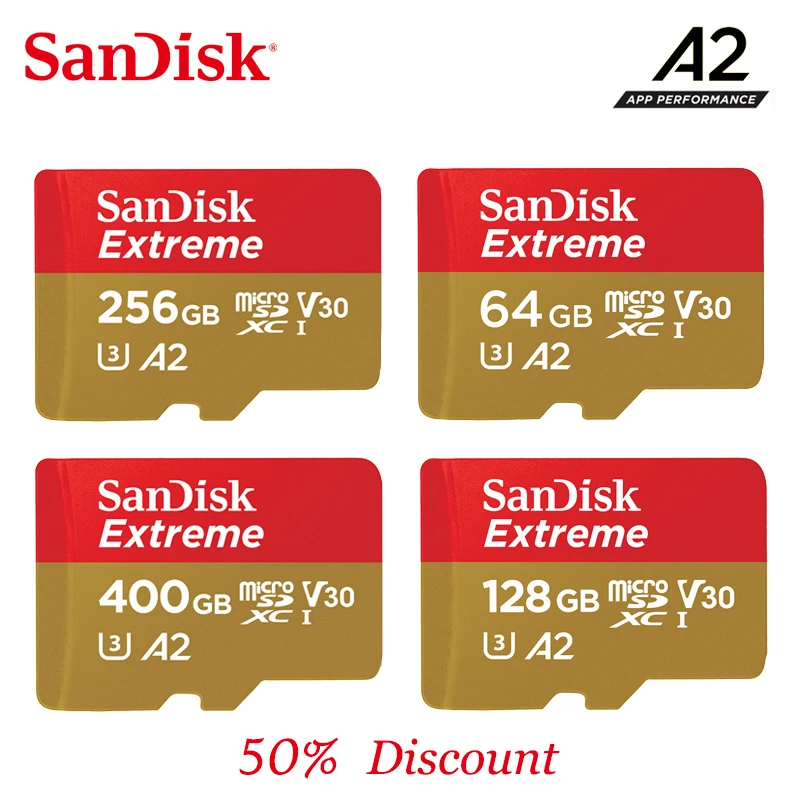 

SanDisk Extreme New A2/A1 Class10 memory card 128G 64G 32G read speed Up to 100MB/s mcirosd card 400G 256G video speed V30 U3