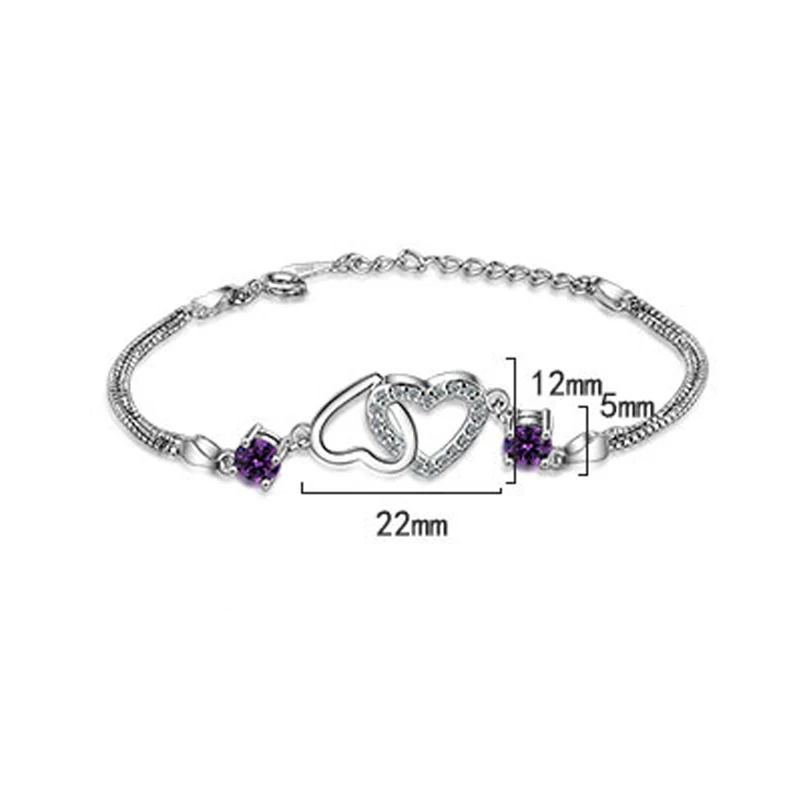 

Utimtree Trendy Purple Zircon Double Heart Bracelets Bangles Silver 925 Jewelry Charm Bracelet for Women Party Gift High Quality