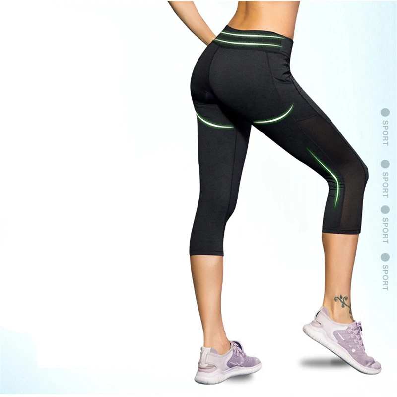 

Women bodybuilding Legging Mesh Black Capri Leggings Sexy Fitness Sporting Pants with Pocket Mid-Calf Trousers jegging trousers