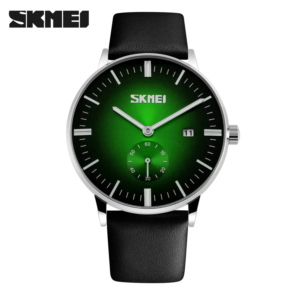 green black Новые мужские часы Топ бренд класса люкс 30 м водонепроницаемые мужские часы Дата Мужской кожаный ремешок повседневные Кварцевые спортивные наручные часы SKMEI 9083 - Цвет: green black