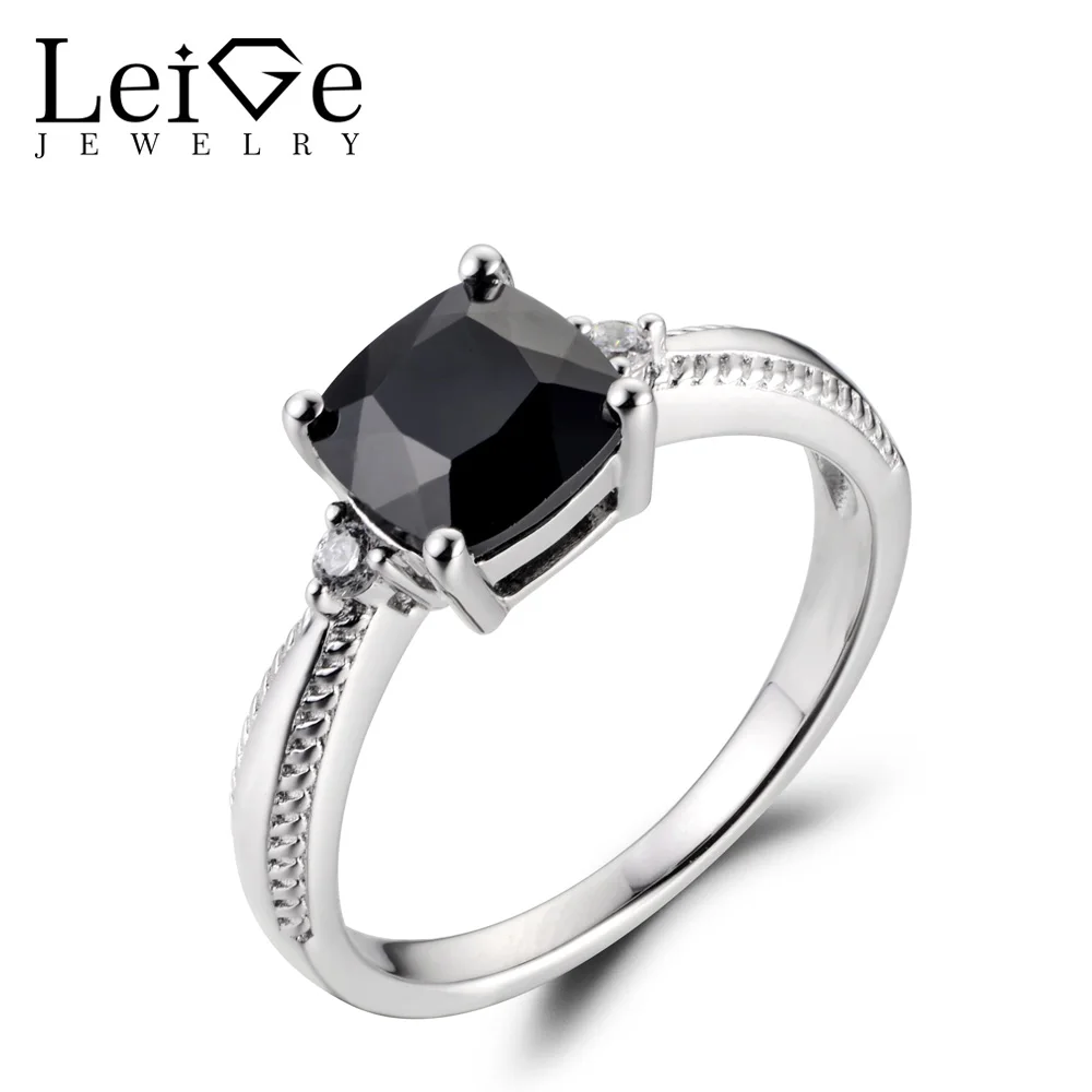

Leige Jewelry Natural Black Spinel Gemstone Cushion Cut Prong Setting Engagement Carve Rings For Woman 925 Sterling Silver