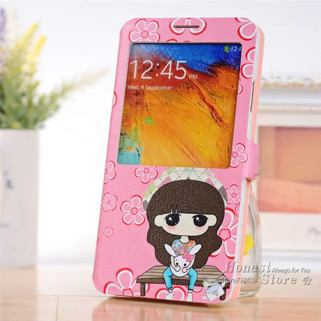 Cute Little Girl S View Big Window Flip PU Leather Case For Samsung Galaxy Note 3 III Note3 N9000 Lovely Cover |