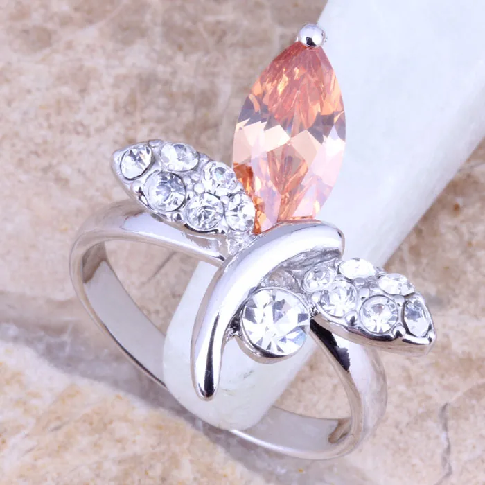 Бабочка Шампань морганит Белый CZ посеребренное женское Ювелирное кольцо Размер 5