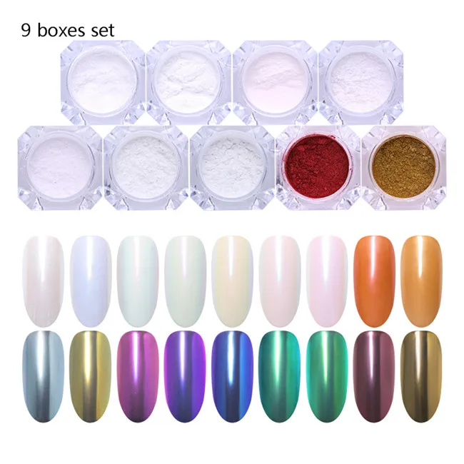 9pcs Mirror 8 коробок радужные блестящие яркие блестки для ногтей порошок Набор идеальные объемные ногти пыль лазерный пигмент хром Серебристое украшение - Цвет: 9pcs Mirror