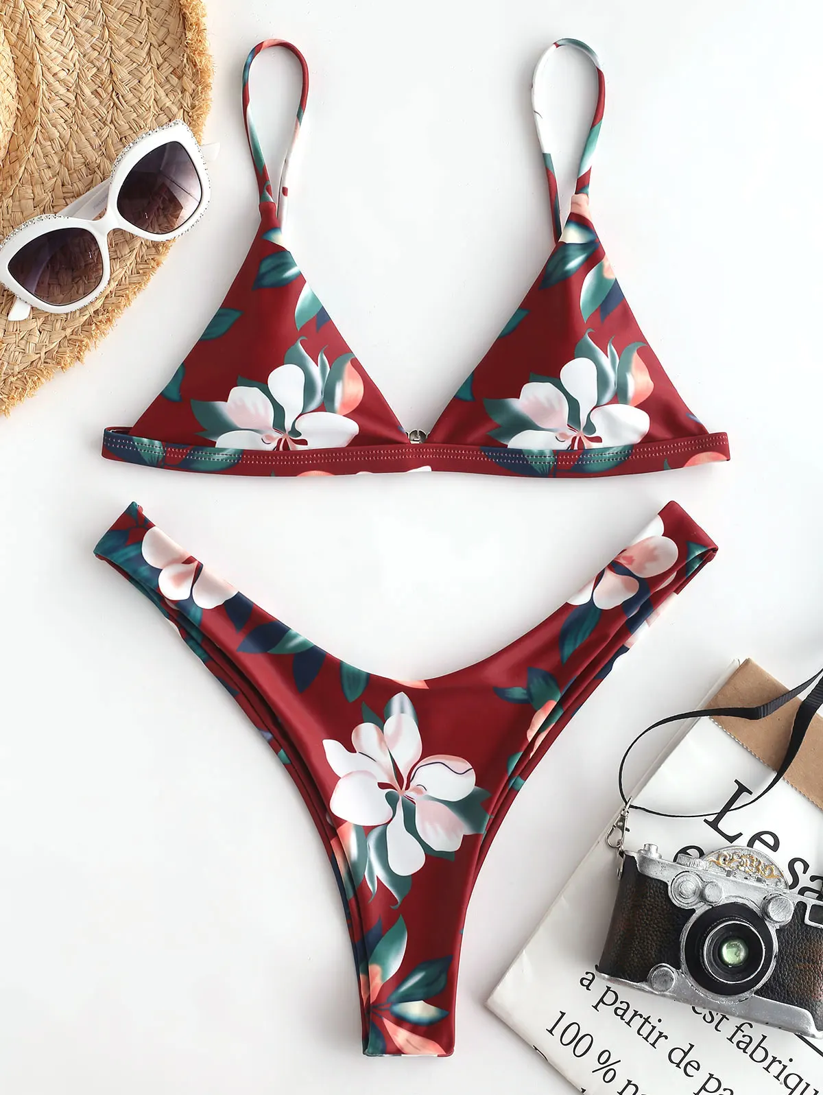 ZAFUL Leaf Print Набор для бикини с глубоким вырезом и Тонкий-бретельками Свободный мягкий купальник Пуловер Повседневный пляжный купальник Бикини