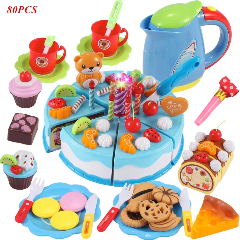80pcs Blue 38-80 шт. DIY ролевые игры фруктовая резка торт на день рождения кухня еда игрушки Cocina De Juguete игрушки для детей девочки Рождественский подарок игрушки - Цвет: 80pcs Blue