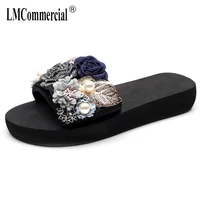 sandals female summer wear fashion high heel thick bottom one word anti slip flower color matching slope sandals beach slippers