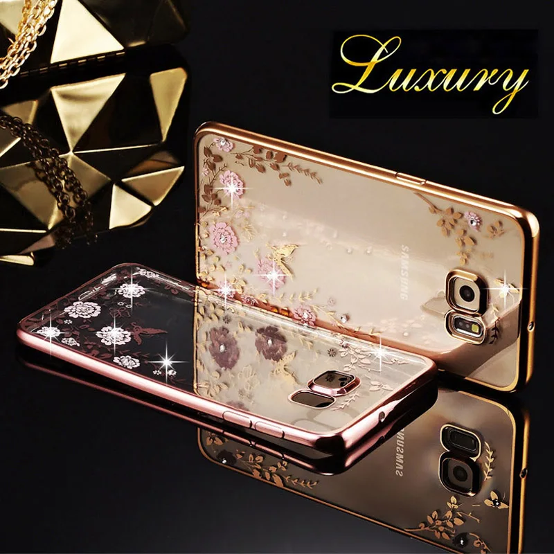 Ультра Тонкий Цветок Покрытие Блеск Bling Diamond Чехол Для Samsung Galaxy S7 Edge G9350 Телефон