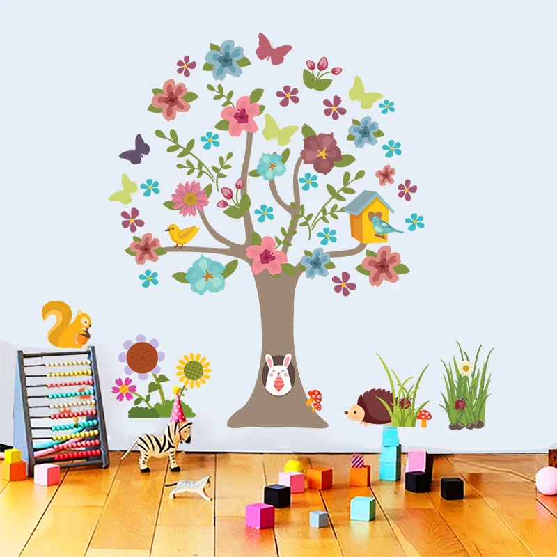 Лес белка птицы дерево цветок стены стикеры для детей номеров Home Decor мультфильм