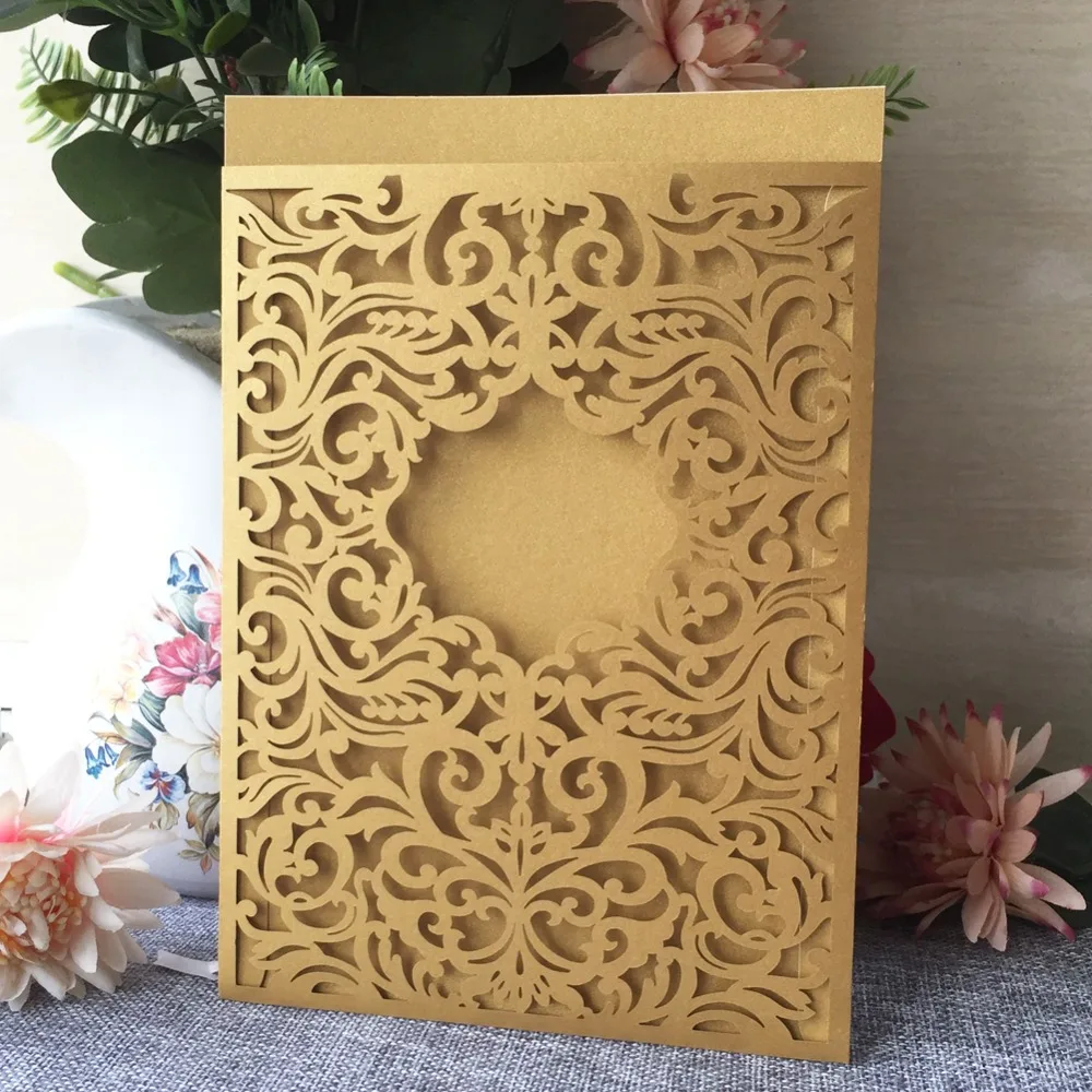 

50Pcs/Lot Unique Pocket Design Wedding Invitations Card Western Style Laser Cut carved Birthday Gift Card