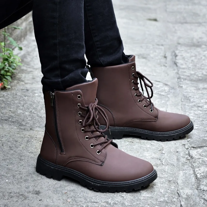 

LAISUMK Tactical Waterproof Winter Warm Snow Boots Men Vintage Leather Motorcycle Ankle Martin High Cut Male Casual Ankle Boots