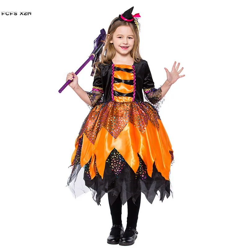 S-XL Girls Halloween Sorceress Costume for Children kids Magician Witch Cosplay Carnival Purim stage show Masquerade party dress |