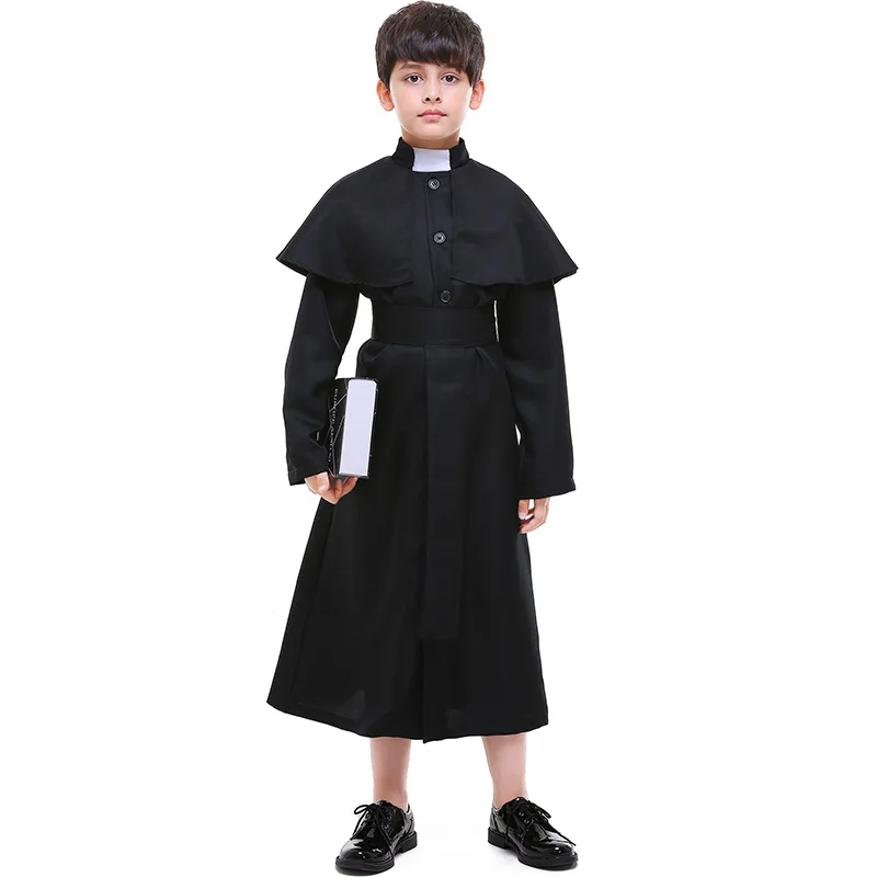 Для детей черная одежда Priest длинный халат с накидкой костюм костюмы для