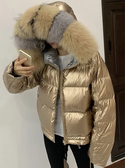 gold Большая зимняя куртка с натуральным лисьим мехом, новое двухстороннее водонепроницаемое пальто, женские пуховики, пальто с капюшоном, белая куртка-пуховик на утином пуху - Цвет: gold