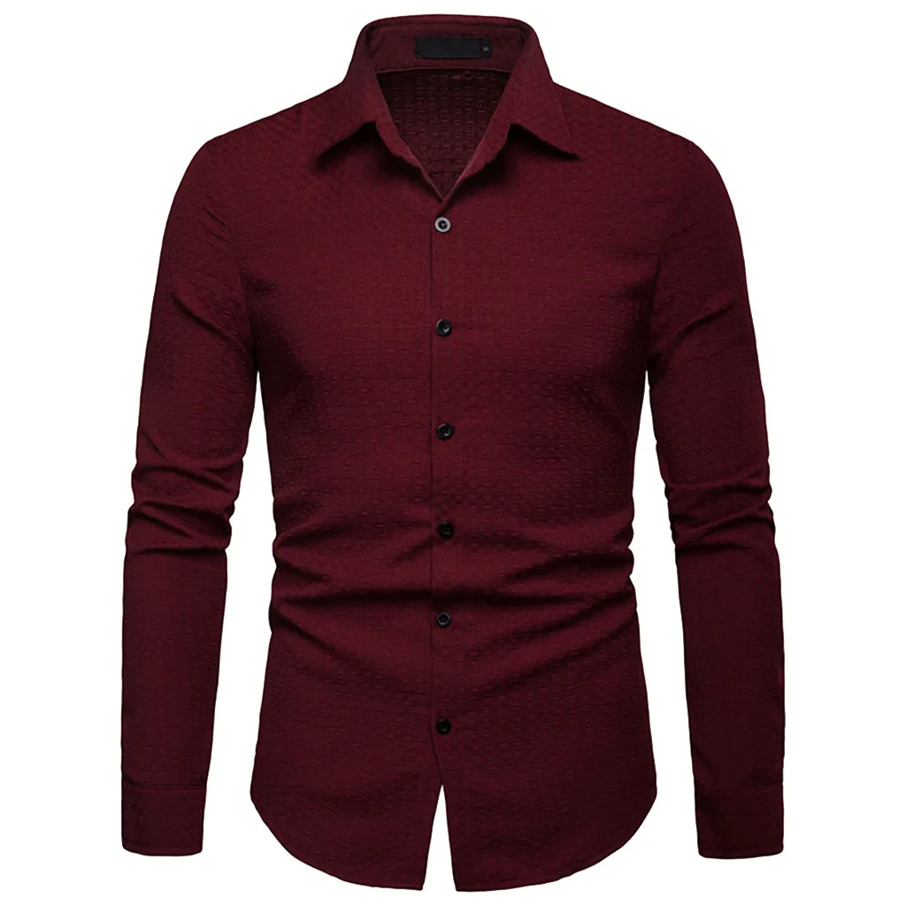 Wine Red Страусиная Мужская однотонная тонкая рубашка с длинным рукавом, плиссированная деловая Повседневная офисная рубашка на пуговицах, модная рубашка высшего размера плюс - Цвет: Wine Red