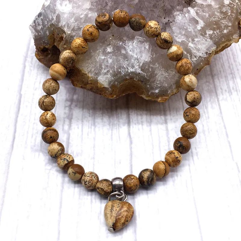 Heart Charm Bracelet 6 mm Nature Picture Jaspers Stone Bead Women Bracelets Girls Gift New Jewelry | Украшения и аксессуары