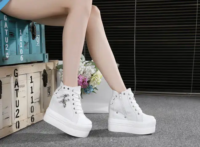 Fashion Autumn High Heel Casual Shoes Canvas Women Shoes Lace-Up Breathable Women Sneakers Zipper Platform Ladies Shoes Women