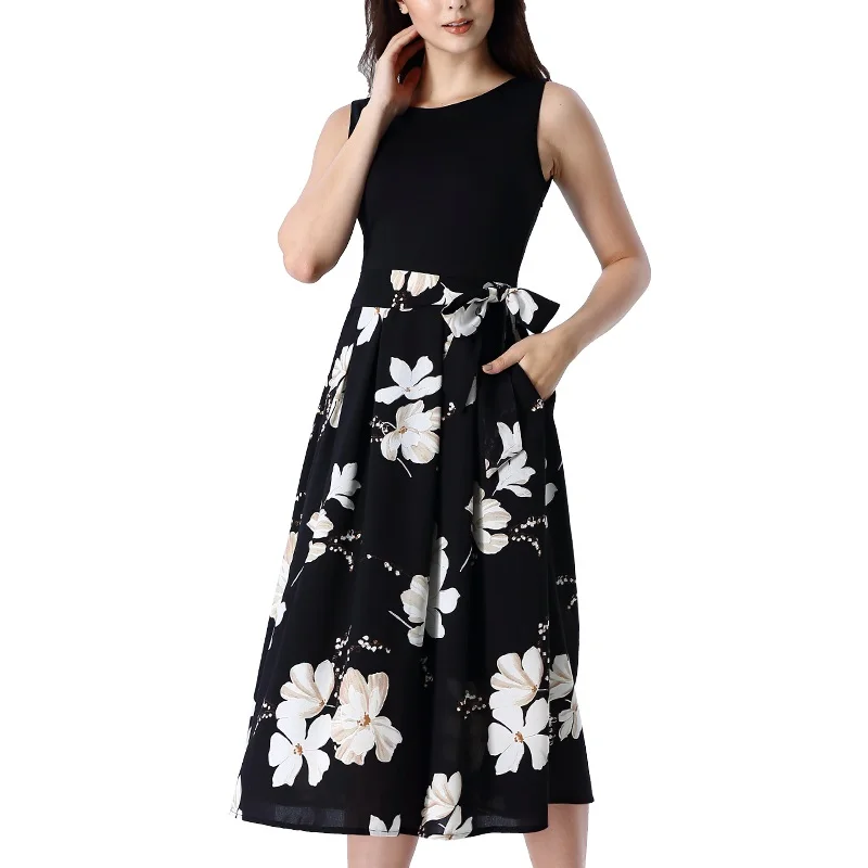 Black White Floral Женский vfemage Элегантный Винтаж печати Карманы поясом офис бизнес повседневное вечерние партии Fit and Flare чай трапециевидной формы миди платье 1752 - Цвет: Black White Floral