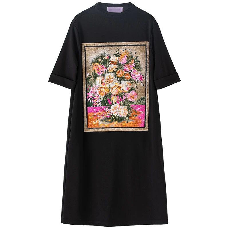 High-end Summer Retro palace painting embroidery Over the knee dress black/white Waist Slim elegant lady plus size M-3XL | Женская