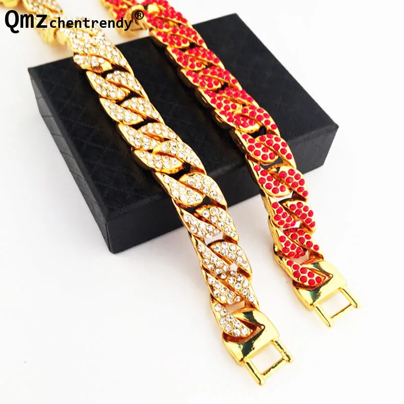 316L Stainless Steel Bling Iced Out Curb Cuban CZ Bracelets Mens Simulated Gemstone Chain Bracelet Boys Bangles Jewelry