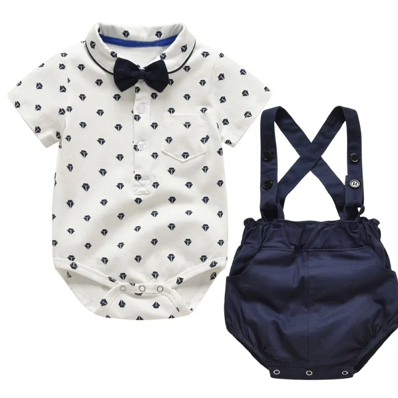 

Summer Baby Boy Clothes Set Solid Strap Shorts Short Sleeve Casual Bow Tie Shirt Tops Gentle Outfits 2 Pcs Clothes Set