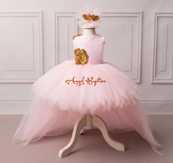 Великолепное розовое платье с цветочным узором для маленьких девочек золотыми