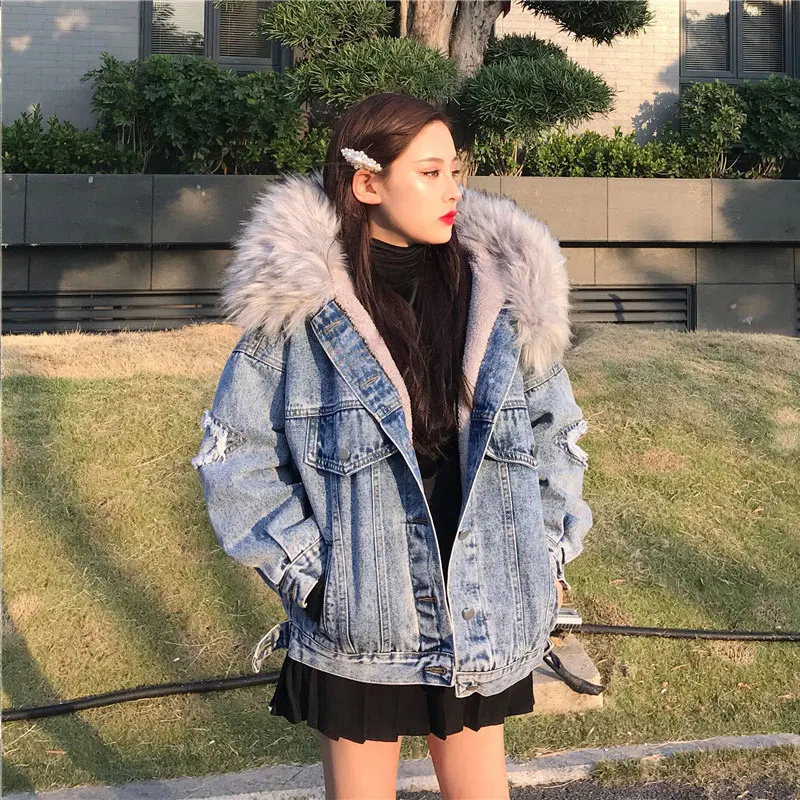 Бархатная Толстая джинсовая куртка Женская осенне зимняя модная с капюшоном