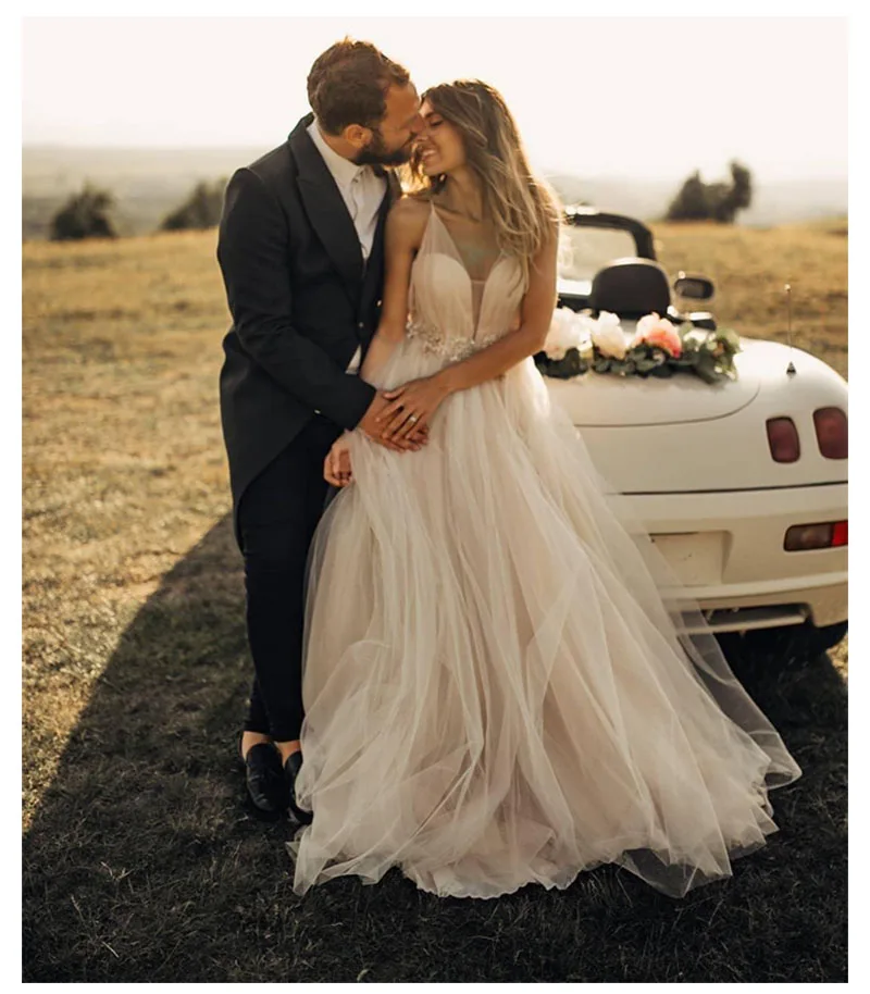 LORIE A Line Wedding Dress 2019 Vestido De Noiva Simple Bridal Puffy Beach Dresses Lace Top Gowns |