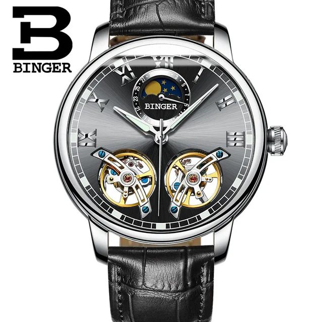Leather Black Silver Швейцарские BINGER Роскошные автоматические часы Moon Phase для мужчин с двойным турбийоном для мужчин s Скелет механические часы для мужчин бренд Relogio - Цвет: Leather Black Silver