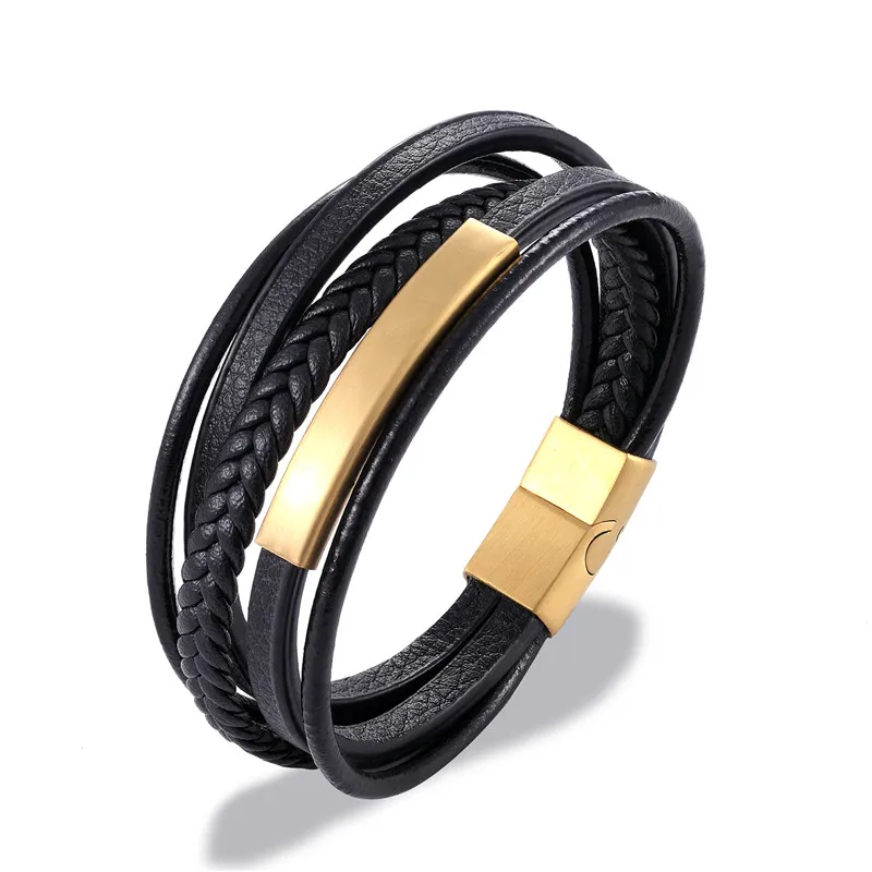 Gold Black Очаровательные Многослойные плетеные браслеты из натуральной кожи, мужские браслеты из нержавеющей стали на заказ, Женские Ювелирные изделия ручной работы - Окраска металла: Gold Black
