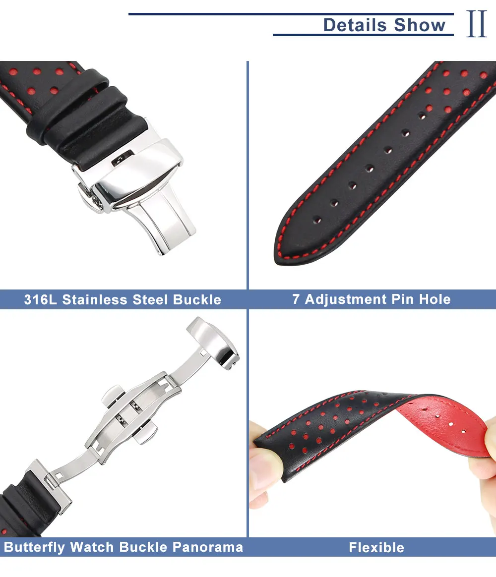 ZLIMSN Soft Genuine Leather Watch Band Strap Replacement Black Blue 20 22mm Men Watchbands 316L Stainless Steel Butterfly Buckle