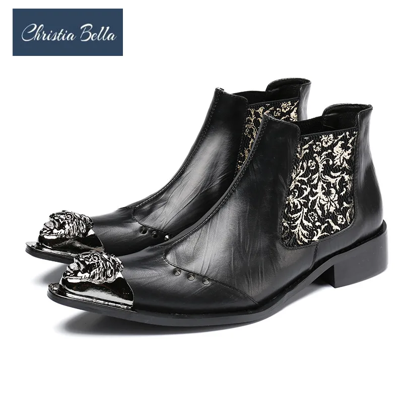 

Christia Bella New Winter Shoes Genuine Leather Men Pointed Toe Metal Tip Men's Dress Boots Fashion Embroidered Mens Booties