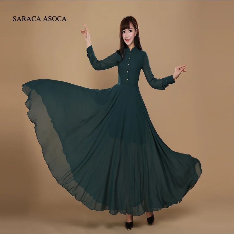 Летняя мода Винтаж длинный рукав длинное шифоновое мусульманское женское платье