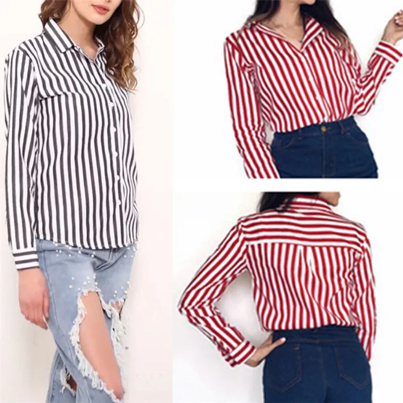 

Casual Plus Size Shirt Tops For Women Autumn Long Sleeve Striped Loose Shirt New Women's Fashion Turn Down Collar Elegant Blouse