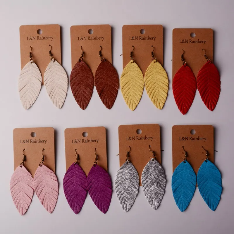 

Rainbery 2021 New Feather Soft PU Leather Earrings For Women Fashion Summer Leather Leaf Earrings Vintage Statement Earrings