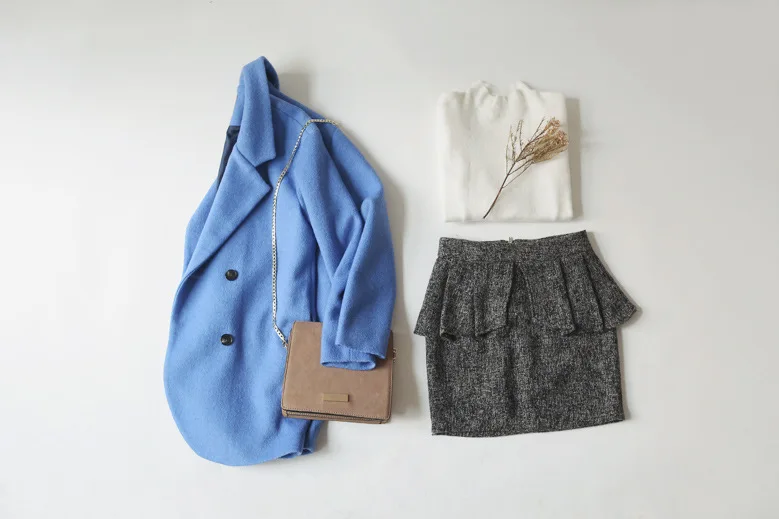 

2016 Winter elegant fashion outfit women's Warm Wool coat Double Breasted Blue dust coat trench S-XXL