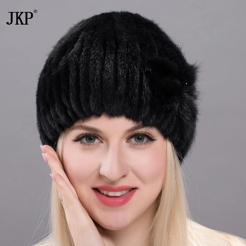 Зимние шапки для женщин, шапка из натурального меха норки, полосатая вязаная Повседневная однотонная женская Шапка-бини, модные популярные DHY17-22