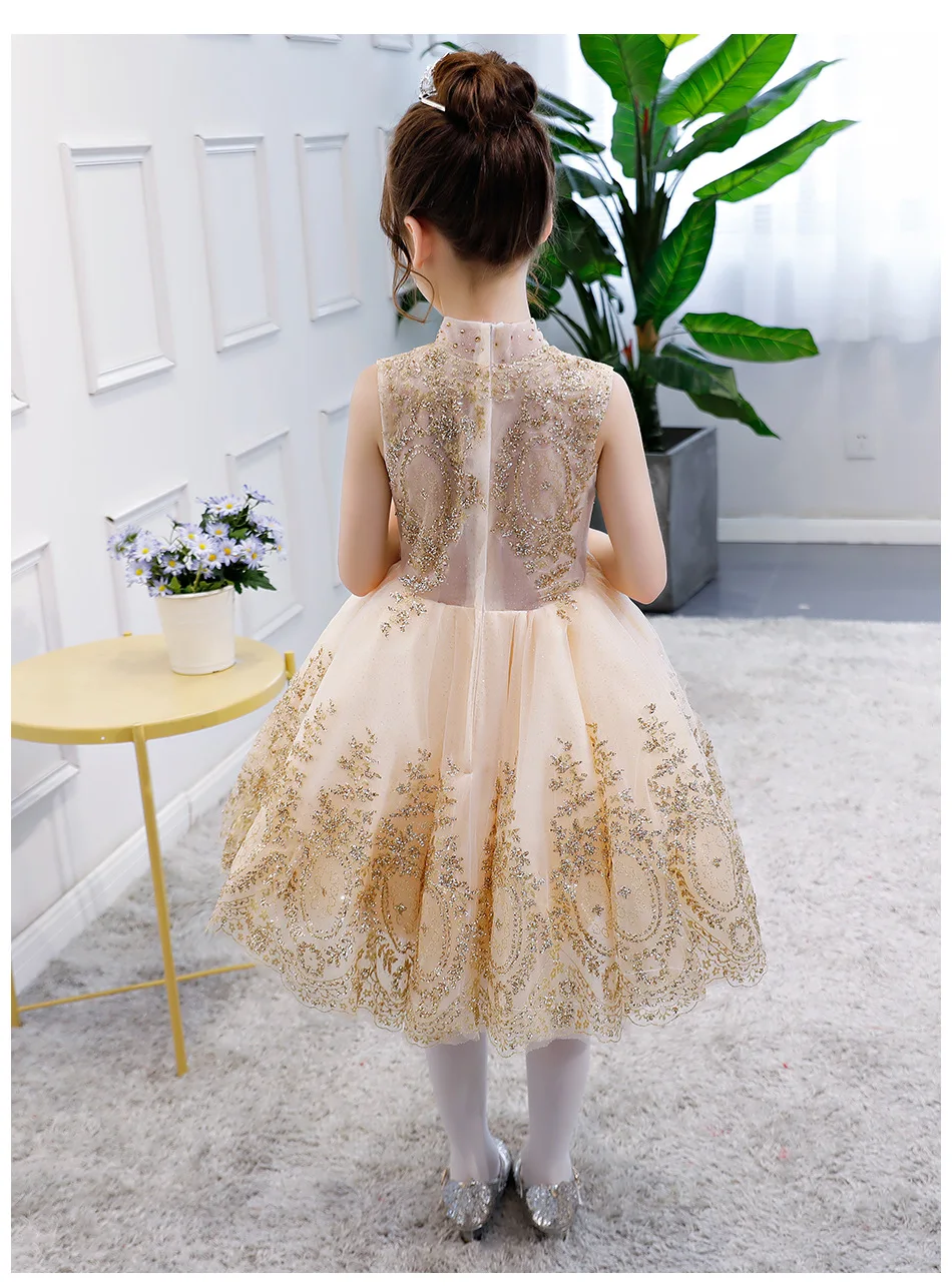 Gold Lace Dress Flower Girl Princess Sleeveless Party Wedding Dresses Toddler Kids Wear First Communion Gowns | Детская одежда и