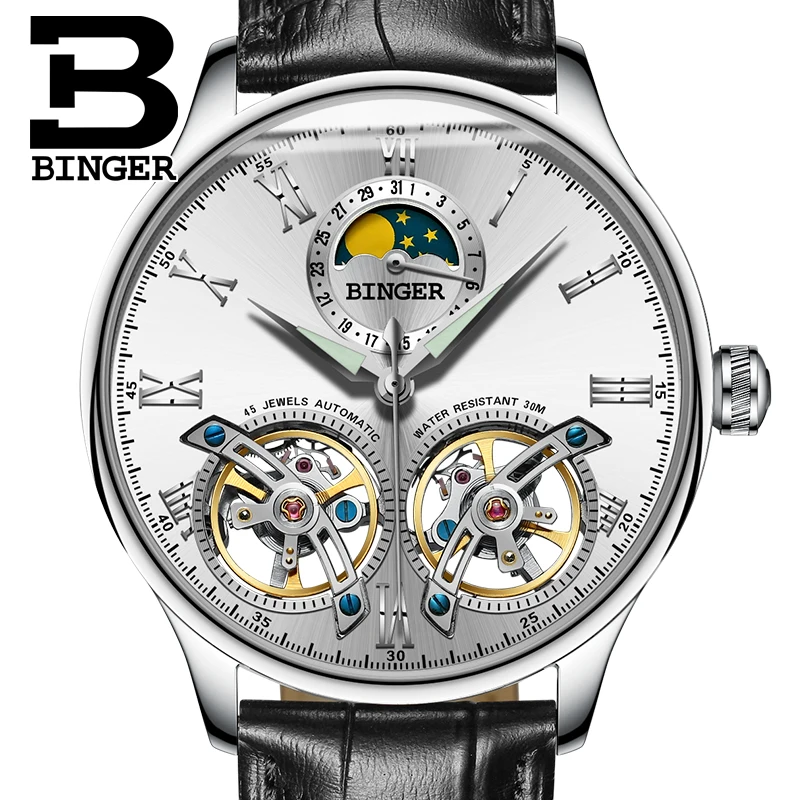 Новые швейцарские механические мужские часы Бингер роль люксовый бренд Скелет