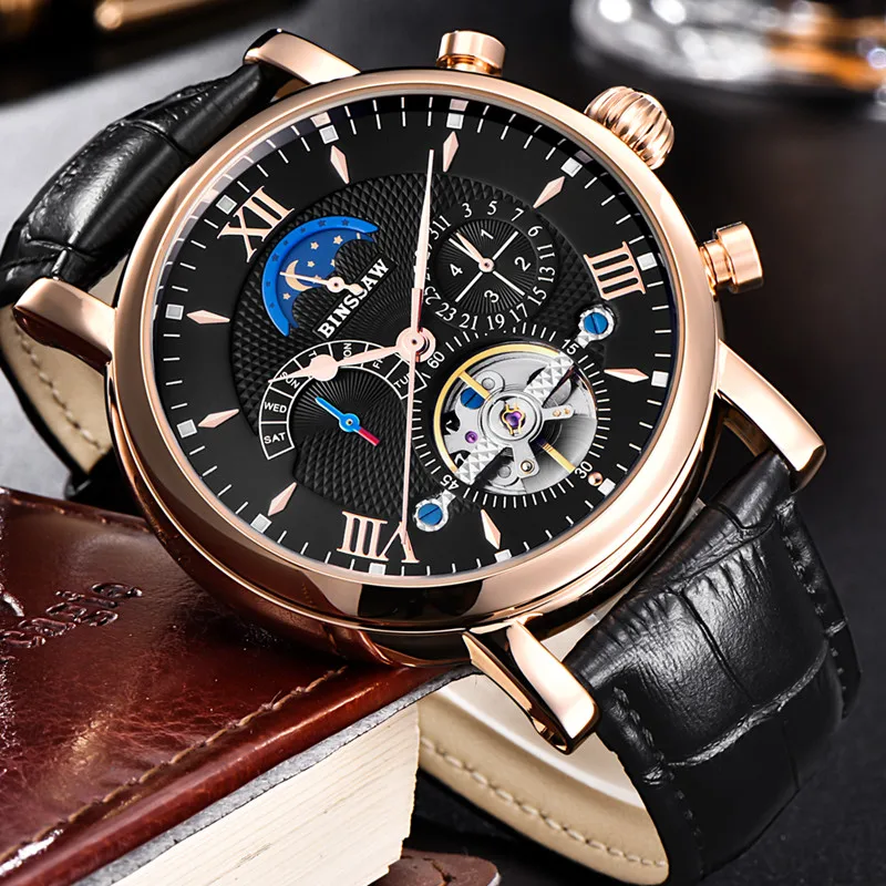 BINSSAW Мужские автоматические механические часы Tourbillon модные деловые из
