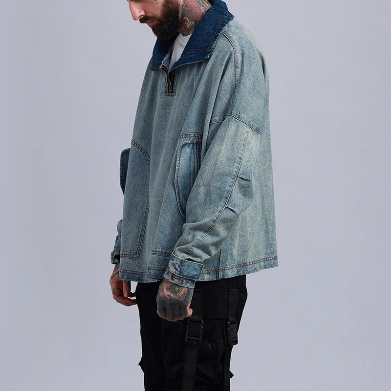 

49 Vintage Pullover Denim Jeans Jacket 2018 Mens Hip Hop Casual Oversize Zipper Denim Coat Male Fashion Jeans Jackets Streetwear