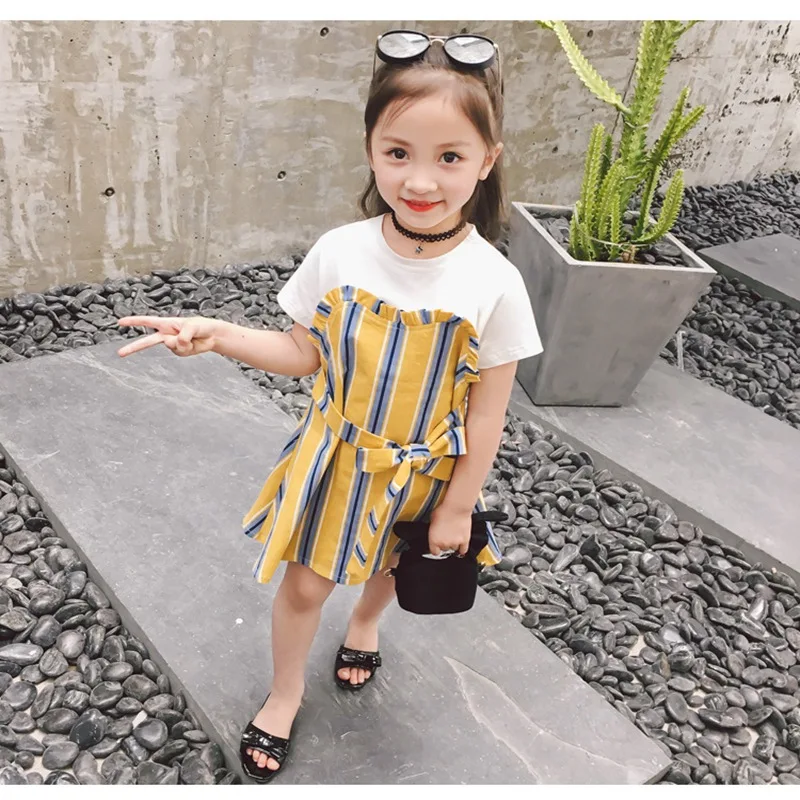 Princess dress Kids Baby Girls Summer Stitched striped bows Short sleeved sweet style children's clothing | Детская одежда и