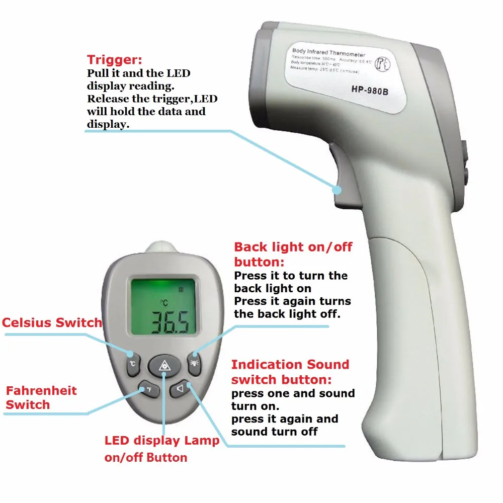 HoldPeak HP-980B Infrared Thermometer Safe Professional Body Digital Thermometers LCD Non Contact for human body | Инструменты