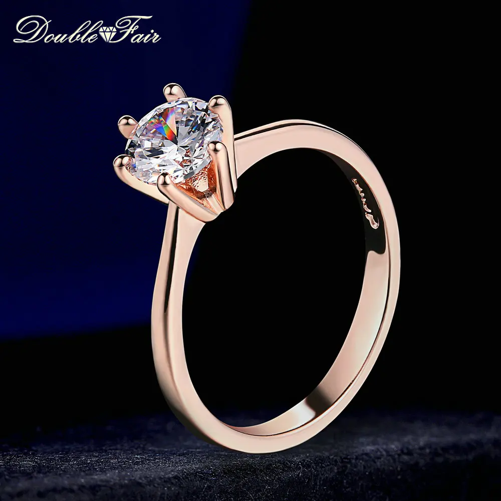 Double Fair 6 Claw 1 Carat Cubic Zirconia Wedding Engagement rings For Women Rose Gold Color Women's Ring Jewelry DFR014