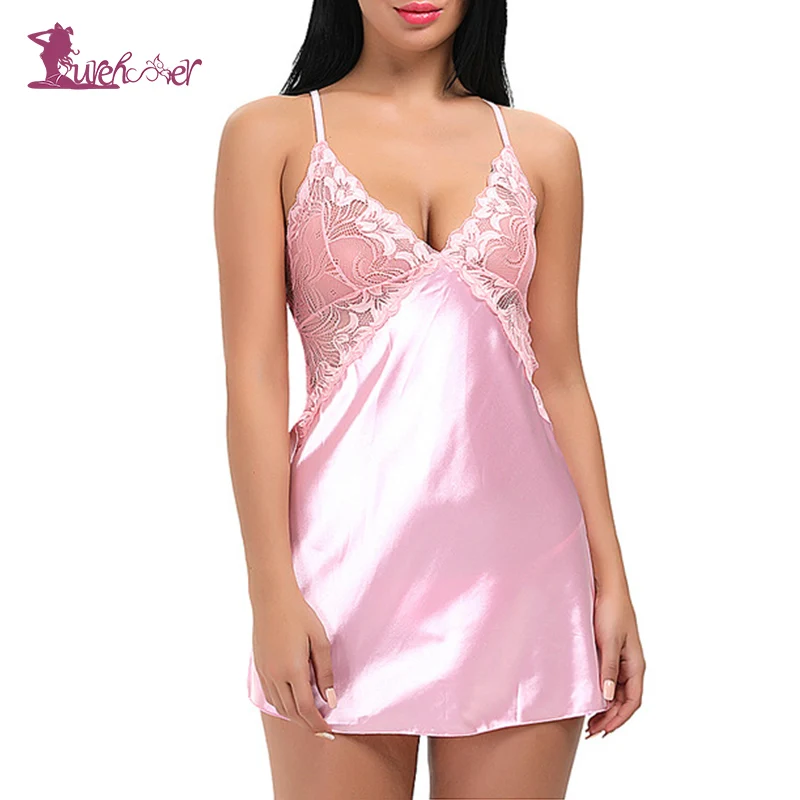 Pink Lurehooker Сексуальная кружевная ночная рубашка белье Спагетти ремень Ночная Рубашка шелковая комбинация пижамы сорочки летние без рукавов для сна Lounge - Цвет: Pink
