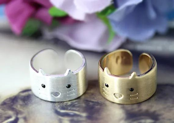 Новейшее серебристое/золотистое простое кольцо с животным котенком широкое